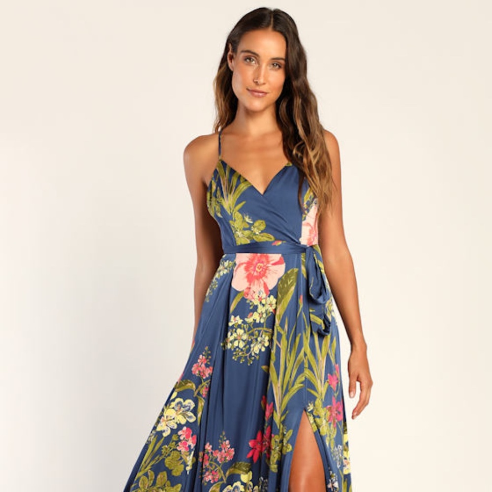 Lulus Still The One Blue Floral Print Satin Maxi Dress - Size L